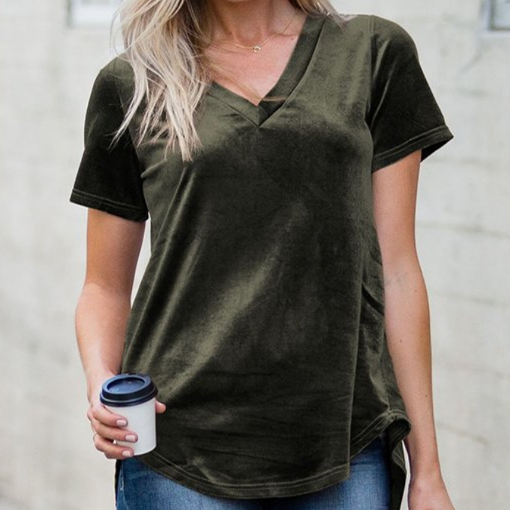 Olive Green Velvet V-neck Shortsleeve Top - Picture 1 of 3